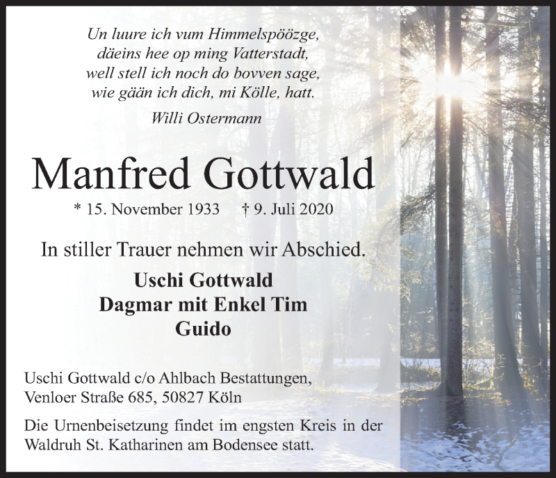  Traueranzeige für Manfred Gottwald vom 11.07.2020 aus Kölner Stadt-Anzeiger / Kölnische Rundschau / Express