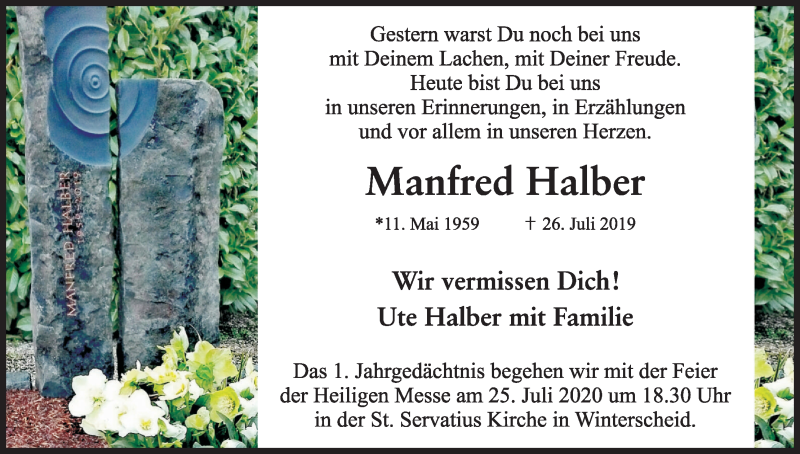  Traueranzeige für Manfred Halber vom 25.07.2020 aus Kölner Stadt-Anzeiger / Kölnische Rundschau / Express