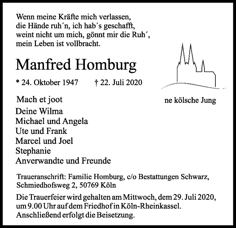  Traueranzeige für Manfred Homburg vom 25.07.2020 aus Kölner Stadt-Anzeiger / Kölnische Rundschau / Express