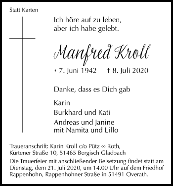 Anzeige von Manfred Kroll von Kölner Stadt-Anzeiger / Kölnische Rundschau / Express
