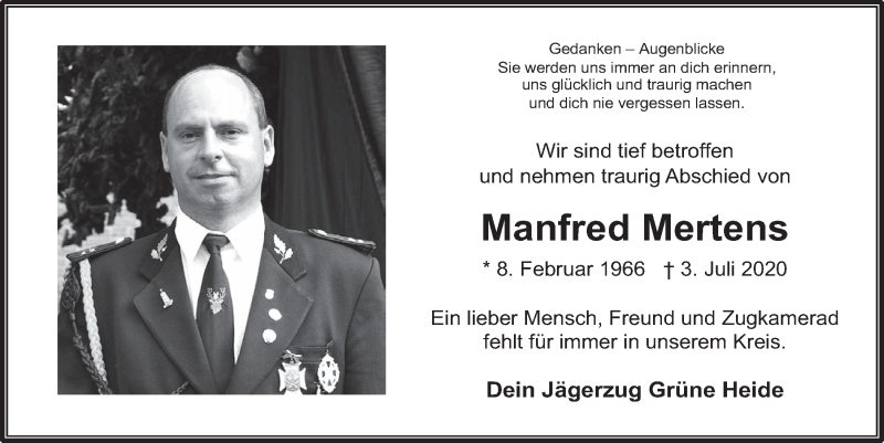  Traueranzeige für Manfred Mertens vom 10.07.2020 aus  Werbepost 