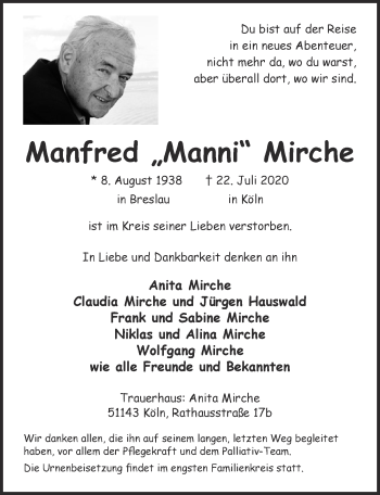 Anzeige von Manfred Mirche von  Kölner Wochenspiegel 