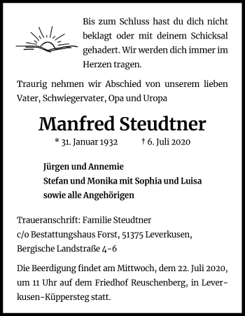 Anzeige von Manfred Steudtner von Kölner Stadt-Anzeiger / Kölnische Rundschau / Express