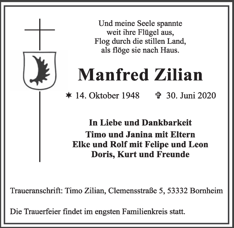  Traueranzeige für Manfred Zilian vom 10.07.2020 aus  Schlossbote/Werbekurier 