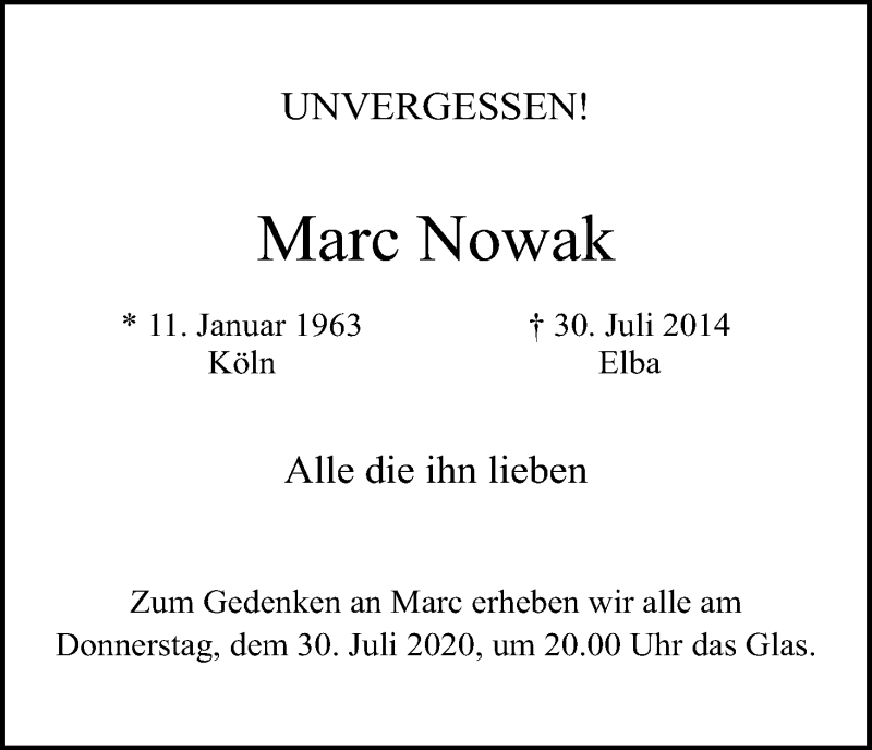  Traueranzeige für Marc Nowak vom 30.07.2020 aus Kölner Stadt-Anzeiger / Kölnische Rundschau / Express