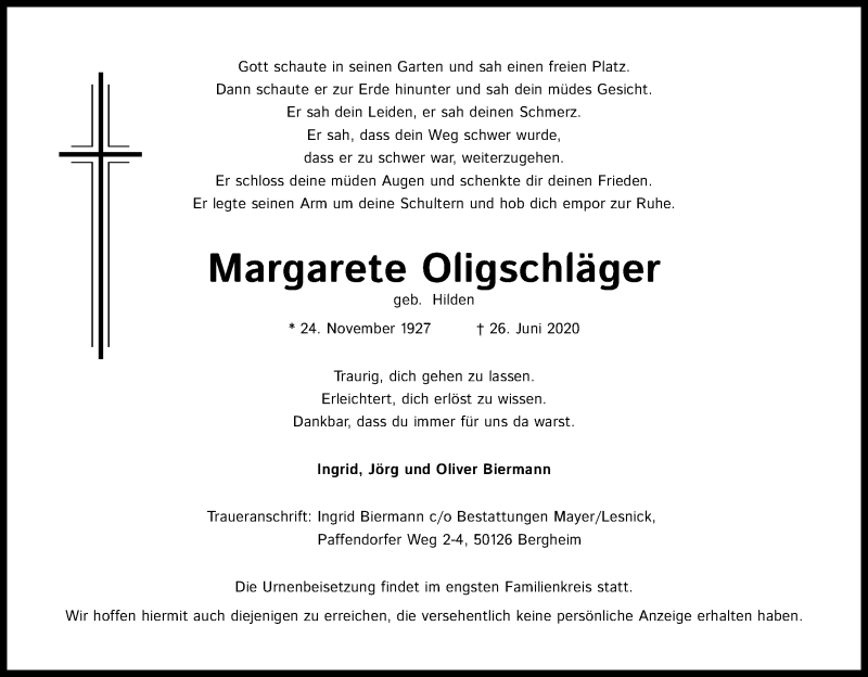  Traueranzeige für Margarete Oligschläger vom 11.07.2020 aus Kölner Stadt-Anzeiger / Kölnische Rundschau / Express