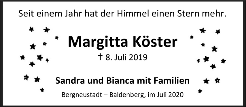  Traueranzeige für Margitta Köster vom 10.07.2020 aus  Anzeigen Echo 