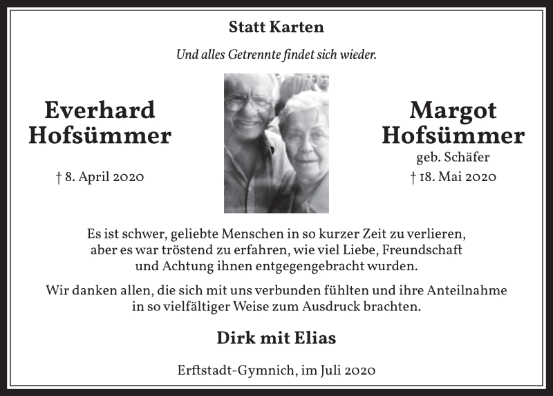  Traueranzeige für Margot Hofsümmer vom 10.07.2020 aus  Werbepost 
