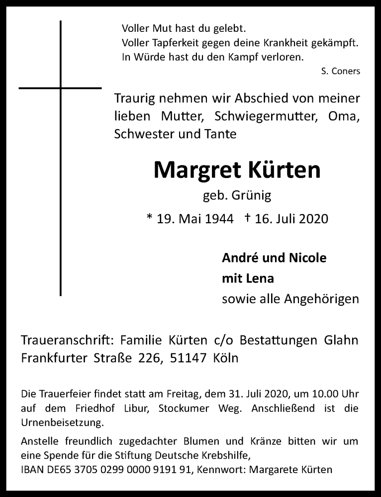  Traueranzeige für Margret Kürten vom 24.07.2020 aus  Kölner Wochenspiegel 