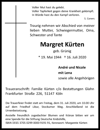 Anzeige von Margret Kürten von  Kölner Wochenspiegel 