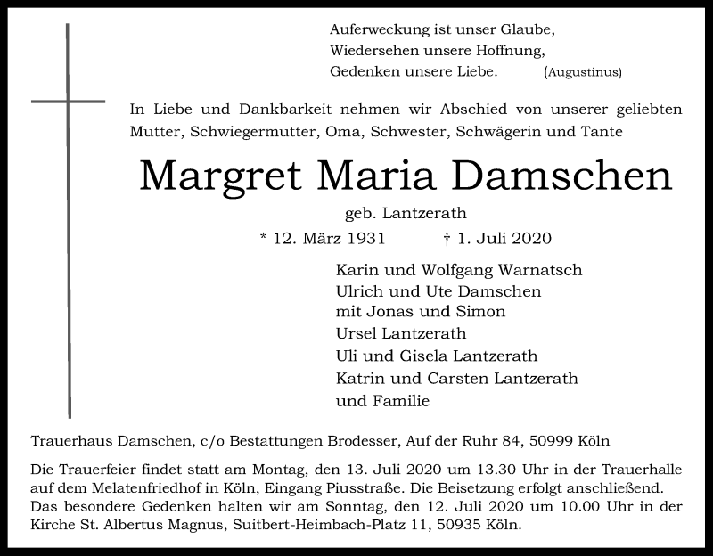  Traueranzeige für Margret Maria Damschen vom 04.07.2020 aus Kölner Stadt-Anzeiger / Kölnische Rundschau / Express