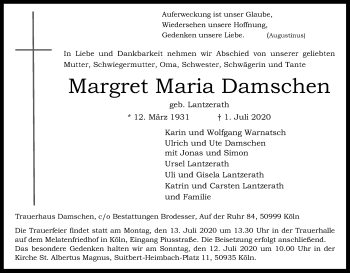 Anzeige von Margret Maria Damschen von Kölner Stadt-Anzeiger / Kölnische Rundschau / Express