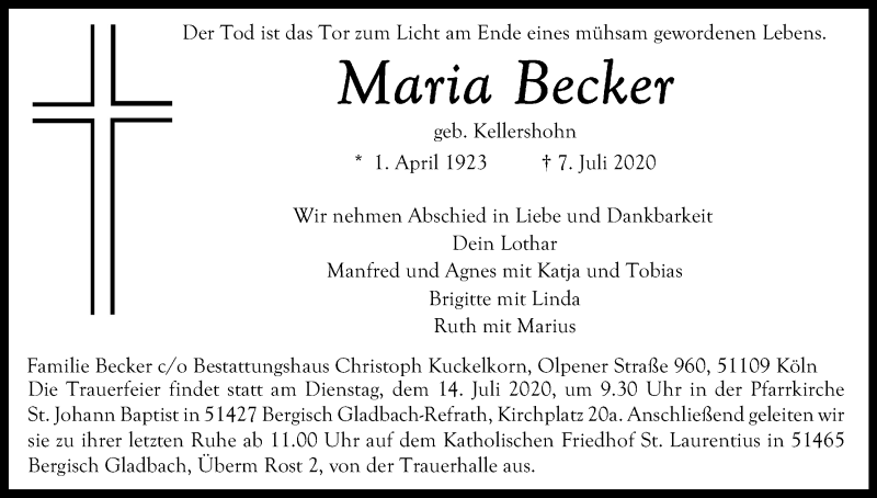  Traueranzeige für Maria Becker vom 11.07.2020 aus Kölner Stadt-Anzeiger / Kölnische Rundschau / Express