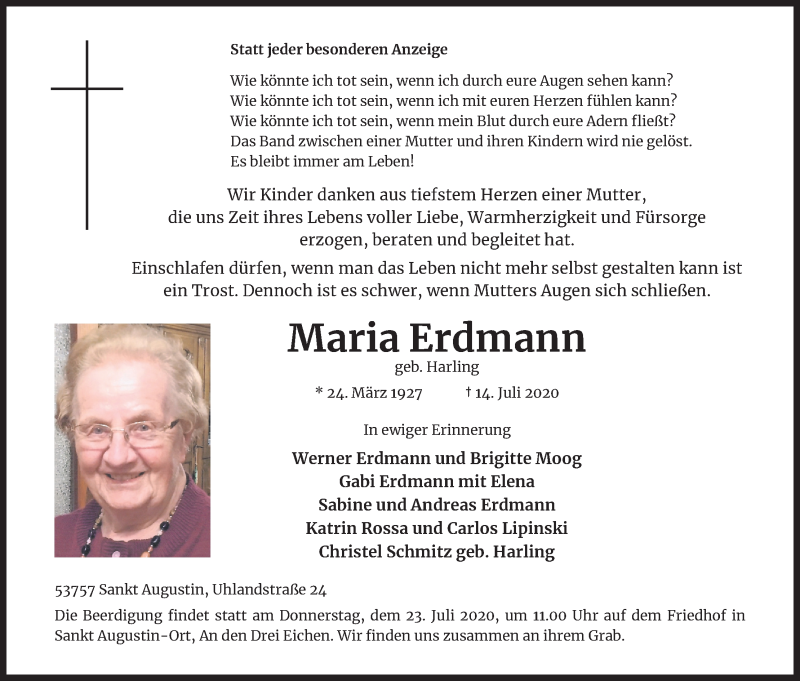  Traueranzeige für Maria Erdmann vom 18.07.2020 aus Kölner Stadt-Anzeiger / Kölnische Rundschau / Express