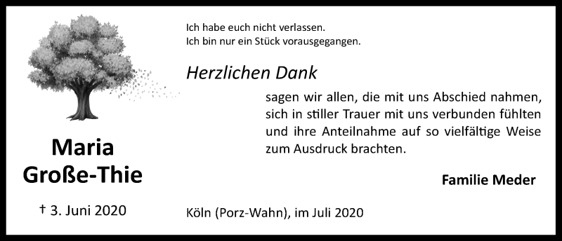  Traueranzeige für Maria Große-Thie vom 03.07.2020 aus  Kölner Wochenspiegel 