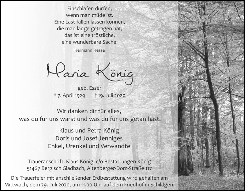  Traueranzeige für Maria König vom 25.07.2020 aus Kölner Stadt-Anzeiger / Kölnische Rundschau / Express
