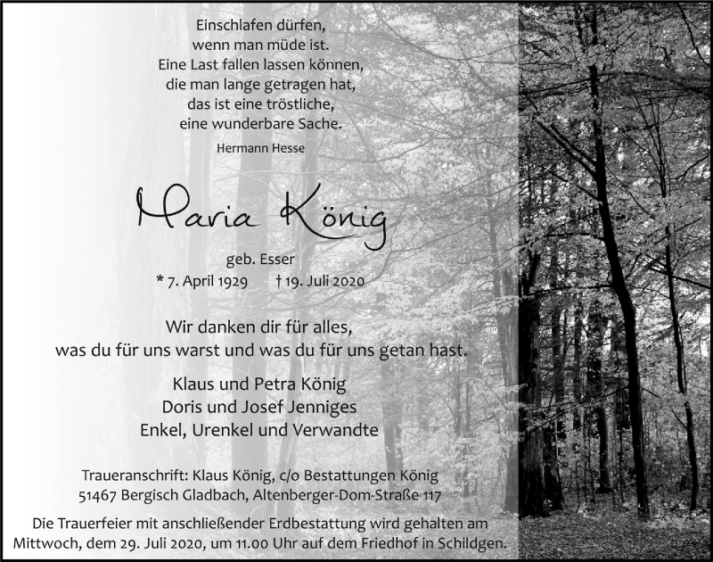  Traueranzeige für Maria König vom 24.07.2020 aus  Bergisches Handelsblatt 