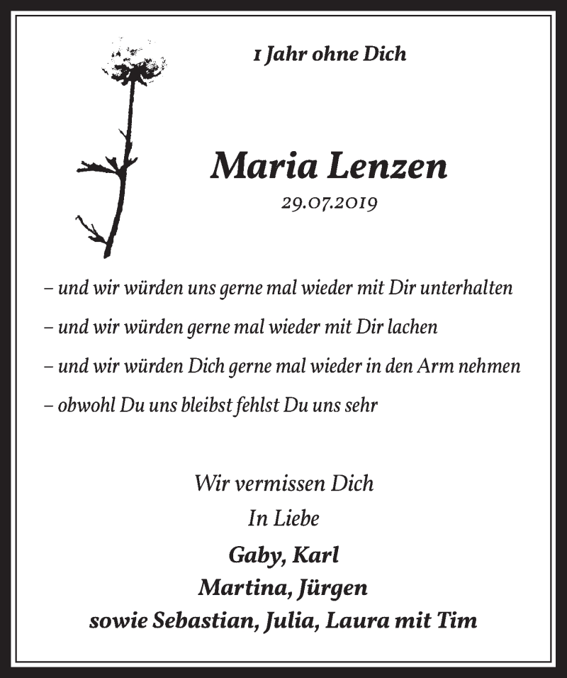  Traueranzeige für Maria Lenzen vom 31.07.2020 aus  Werbepost 