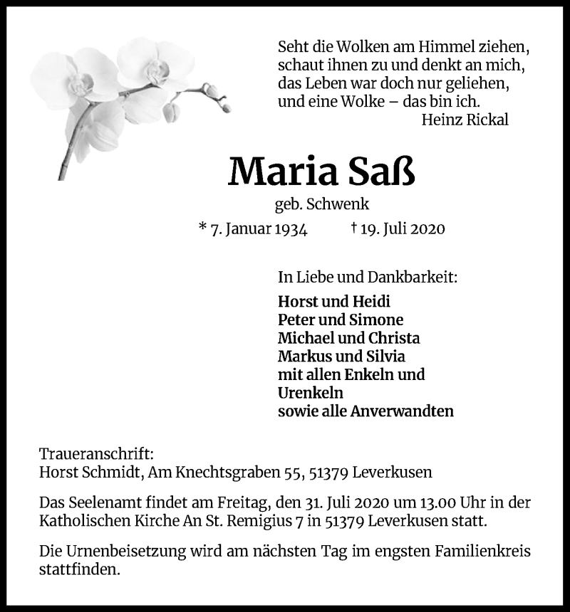  Traueranzeige für Maria Saß vom 25.07.2020 aus Kölner Stadt-Anzeiger / Kölnische Rundschau / Express