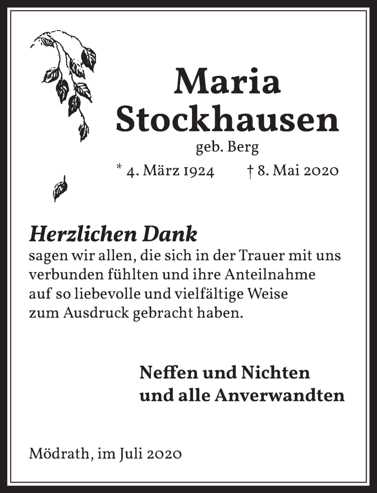  Traueranzeige für Maria Stockhausen vom 10.07.2020 aus  Werbepost 