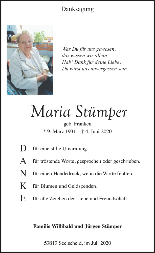  Traueranzeige für Maria Stümper vom 24.07.2020 aus  Extra Blatt 