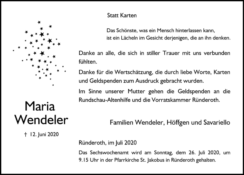  Traueranzeige für Maria Wendeler vom 17.07.2020 aus  Anzeigen Echo 