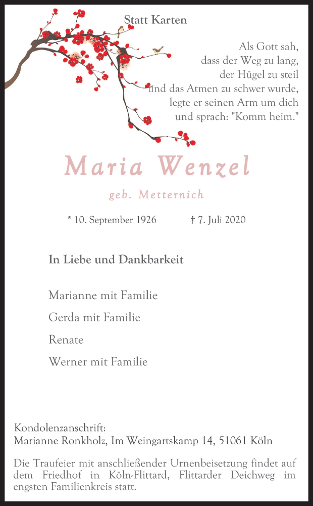  Traueranzeige für Maria Wenzel vom 11.07.2020 aus Kölner Stadt-Anzeiger / Kölnische Rundschau / Express
