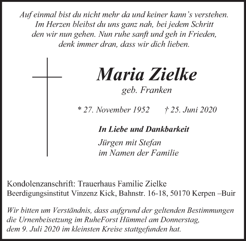  Traueranzeige für Maria Zielke vom 10.07.2020 aus  Werbepost 
