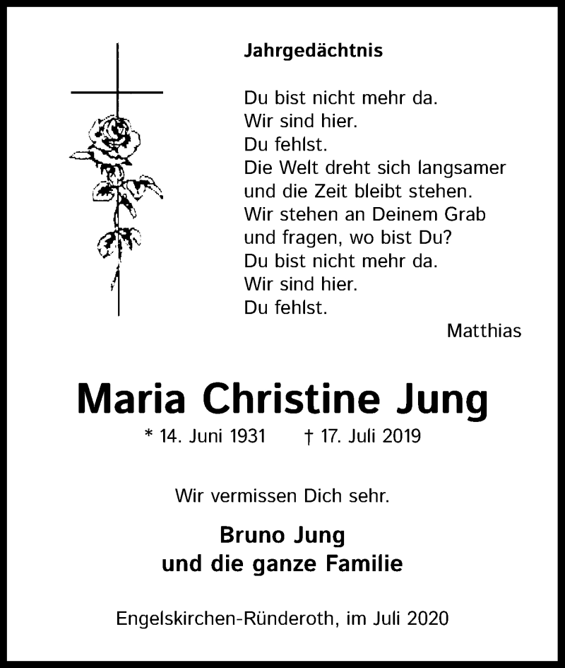  Traueranzeige für Maria Christine Jung vom 18.07.2020 aus Kölner Stadt-Anzeiger / Kölnische Rundschau / Express