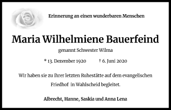 Anzeige von Maria Wilhelmine Bauerfeind von Kölner Stadt-Anzeiger / Kölnische Rundschau / Express