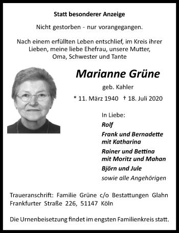 Anzeige von Marianne Grüne von  Kölner Wochenspiegel 