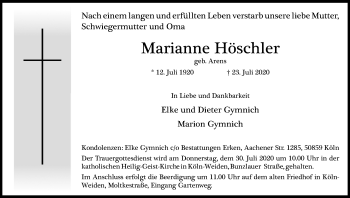 Anzeige von Marianne Höschler von Kölner Stadt-Anzeiger / Kölnische Rundschau / Express