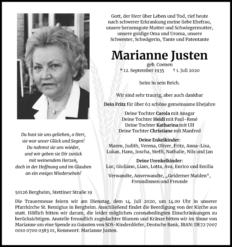 Traueranzeigen von Marianne Justen | WirTrauern