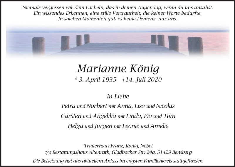  Traueranzeige für Marianne König vom 25.07.2020 aus Kölner Stadt-Anzeiger / Kölnische Rundschau / Express