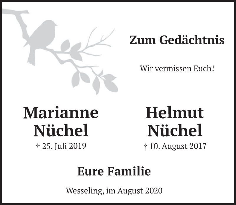  Traueranzeige für Marianne Nüchel vom 31.07.2020 aus  Schlossbote/Werbekurier 