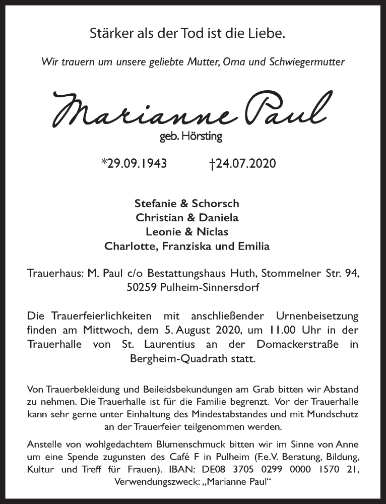  Traueranzeige für Marianne Paul vom 31.07.2020 aus  Wochenende 