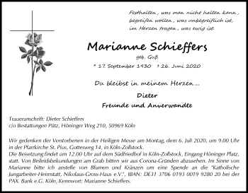 Anzeige von Marianne Schieffers von Kölner Stadt-Anzeiger / Kölnische Rundschau / Express