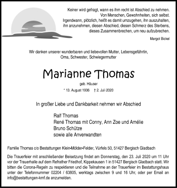Anzeige von Marianne Thomas von Kölner Stadt-Anzeiger / Kölnische Rundschau / Express