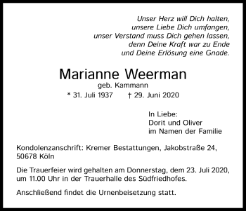 Anzeige von Marianne Weerman von Kölner Stadt-Anzeiger / Kölnische Rundschau / Express