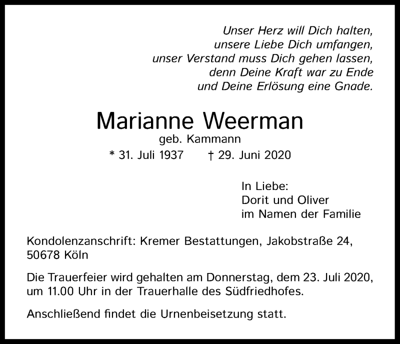  Traueranzeige für Marianne Weerman vom 11.07.2020 aus Kölner Stadt-Anzeiger / Kölnische Rundschau / Express
