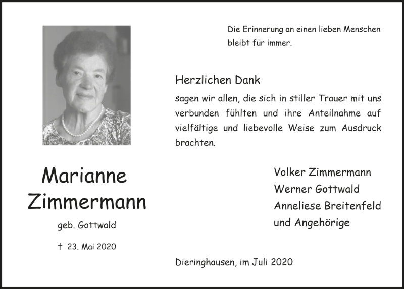  Traueranzeige für Marianne Zimmermann vom 03.07.2020 aus  Anzeigen Echo 