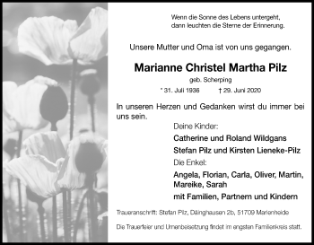 Anzeige von Marianne Christel Martha Pilz von Kölner Stadt-Anzeiger / Kölnische Rundschau / Express