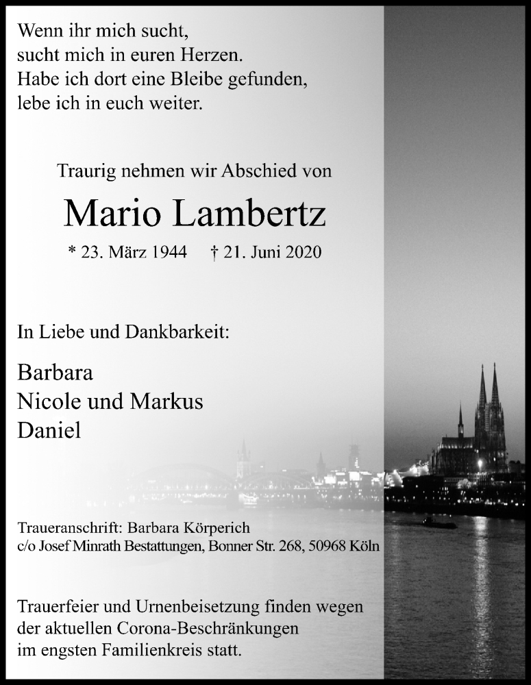 Traueranzeige für Mario Lambertz vom 04.07.2020 aus Kölner Stadt-Anzeiger / Kölnische Rundschau / Express