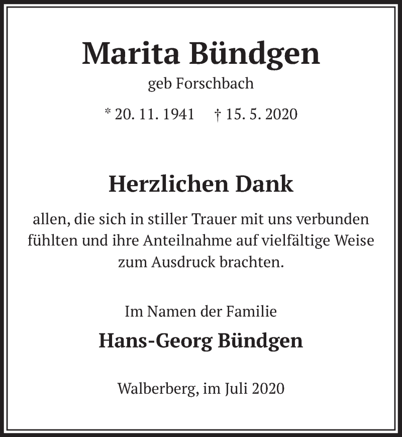  Traueranzeige für Marita Bündgen vom 03.07.2020 aus  Schlossbote/Werbekurier 