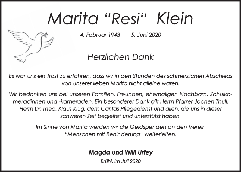  Traueranzeige für Marita Klein vom 10.07.2020 aus  Schlossbote/Werbekurier 
