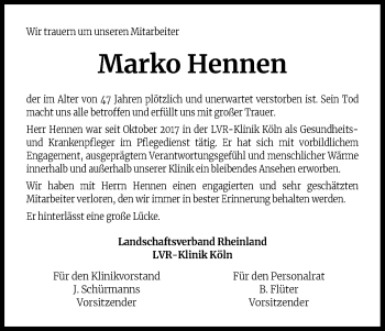 Anzeige von Marko Hennen von Kölner Stadt-Anzeiger / Kölnische Rundschau / Express