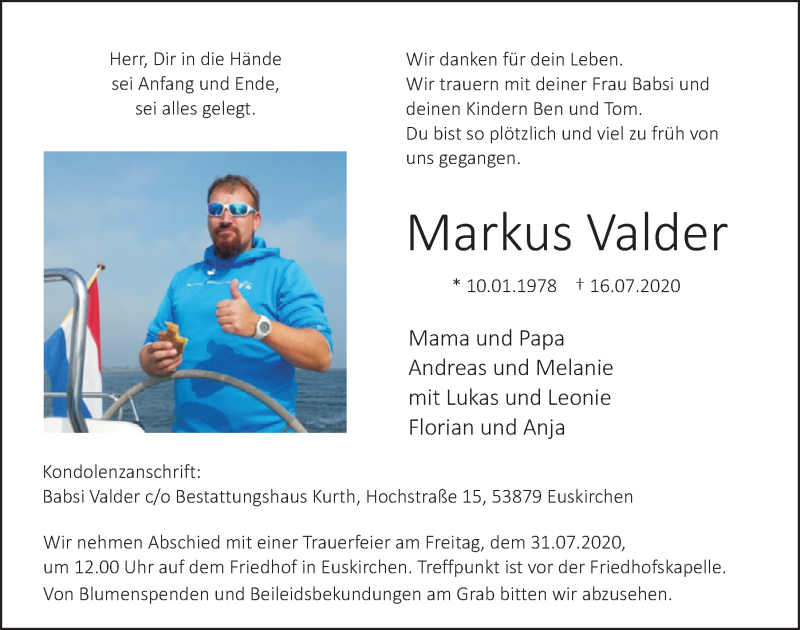  Traueranzeige für Markus Valder vom 25.07.2020 aus  Blickpunkt Euskirchen 