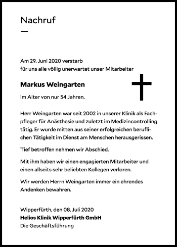 Anzeige von Markus Weingarten von Kölner Stadt-Anzeiger / Kölnische Rundschau / Express