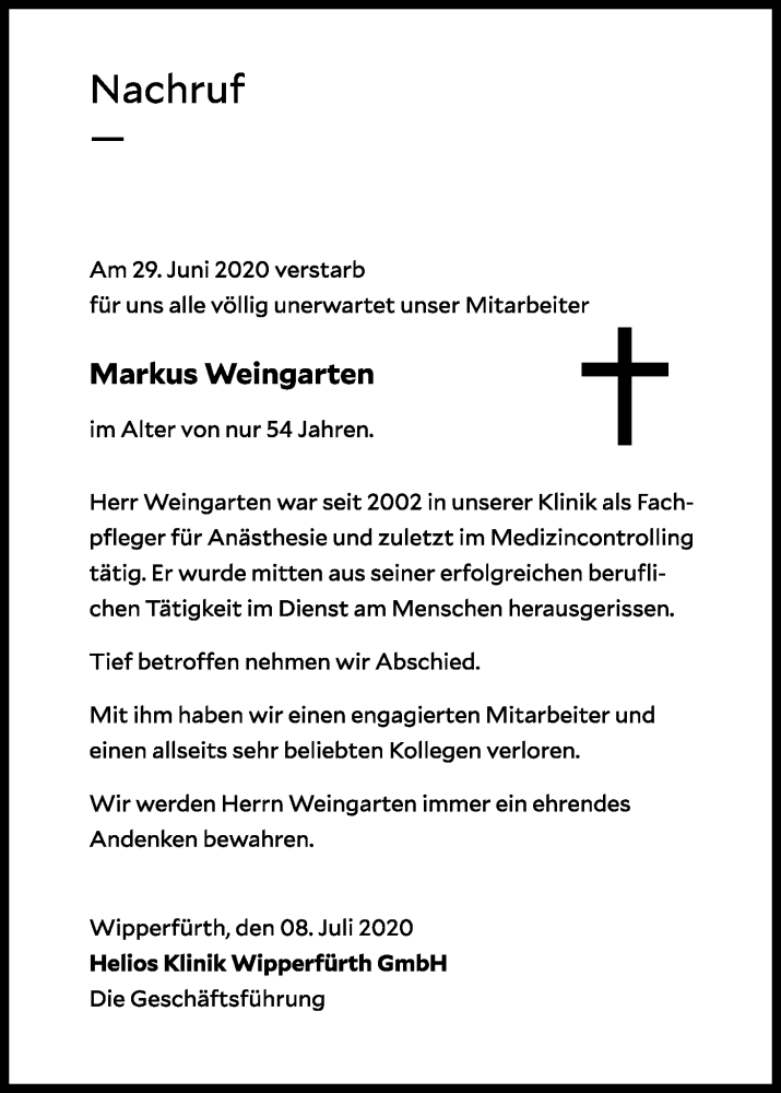  Traueranzeige für Markus Weingarten vom 09.07.2020 aus Kölner Stadt-Anzeiger / Kölnische Rundschau / Express