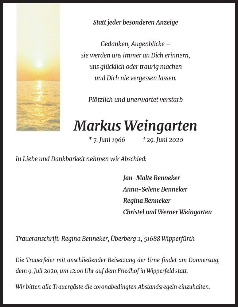  Traueranzeige für Markus Weingarten vom 04.07.2020 aus Kölner Stadt-Anzeiger / Kölnische Rundschau / Express